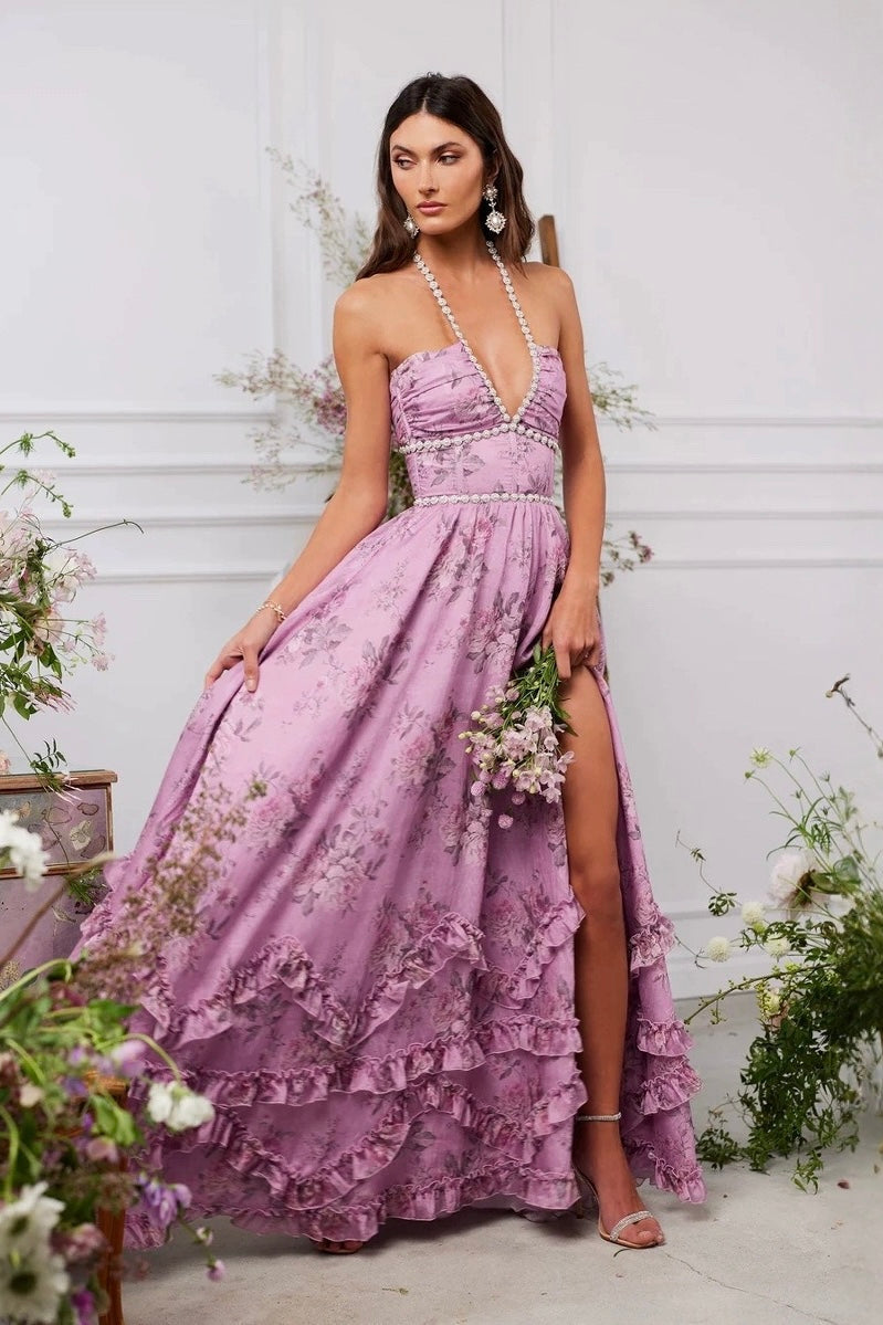 Rosanna | Abito lungo floreale con scollo gioiello