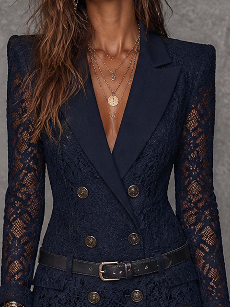 Beatrice | Abito Blazer Blu Navy con Pizzo e Cintura