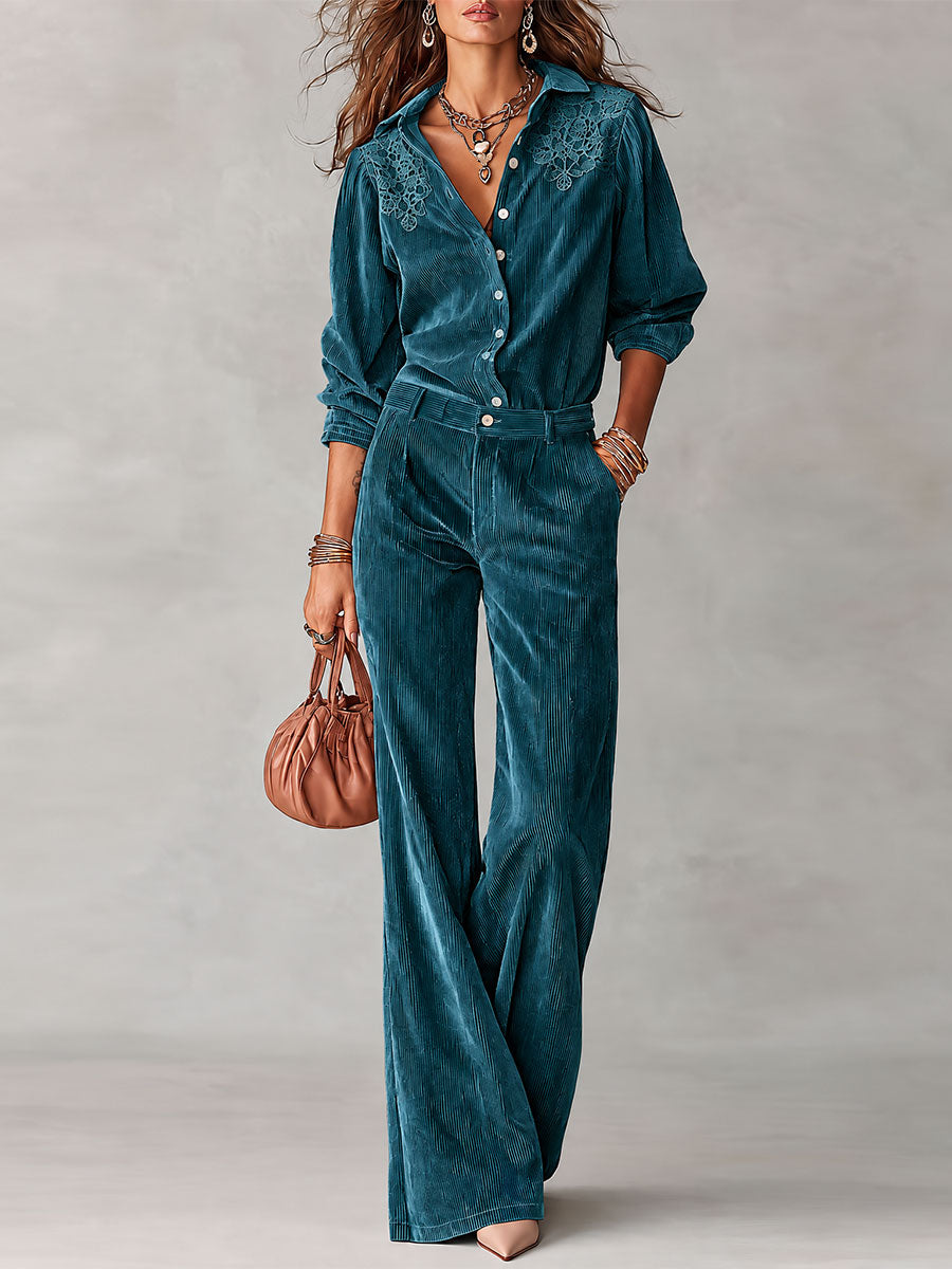 Lucia | Completo con camicia in velluto a coste e pantaloni ampi