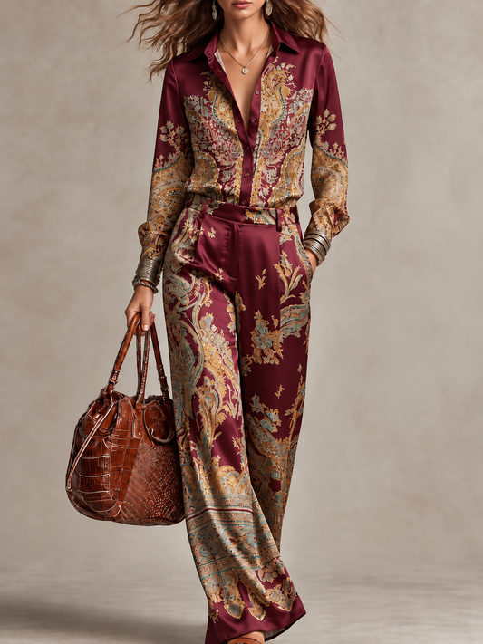 Rosanna | Completo con camicia satinata stampata e pantaloni ampi