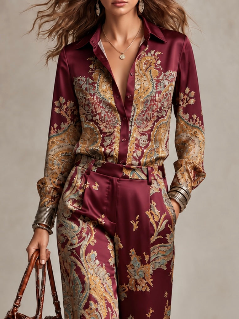 Rosanna | Completo con camicia satinata stampata e pantaloni ampi
