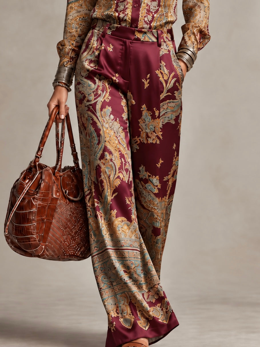 Rosanna | Completo con camicia satinata stampata e pantaloni ampi