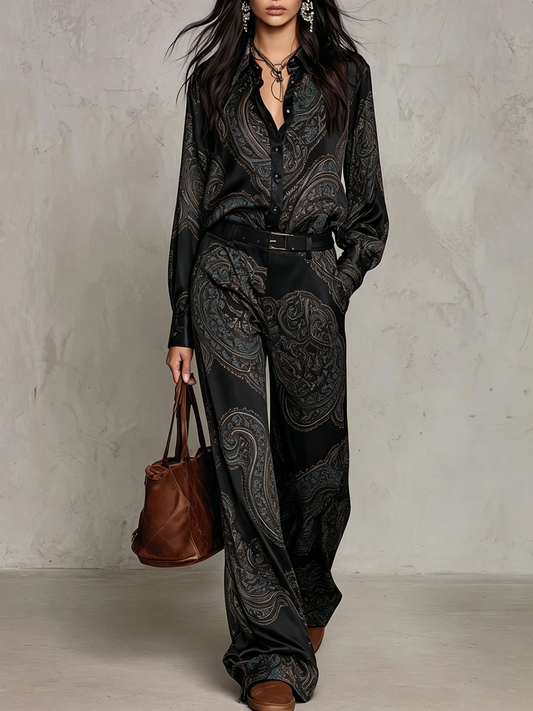 Cloe | Completo con camicia satinata stampata e pantaloni ampi