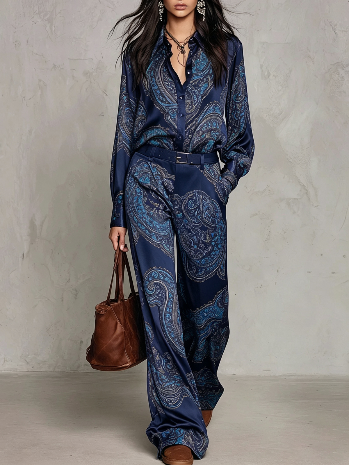 Cloe | Completo con camicia satinata stampata e pantaloni ampi