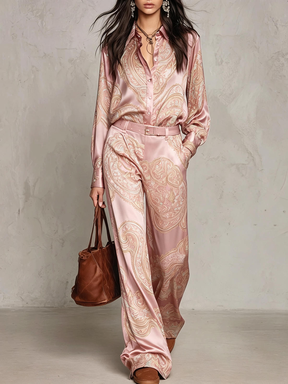 Cloe | Completo con camicia satinata stampata e pantaloni ampi