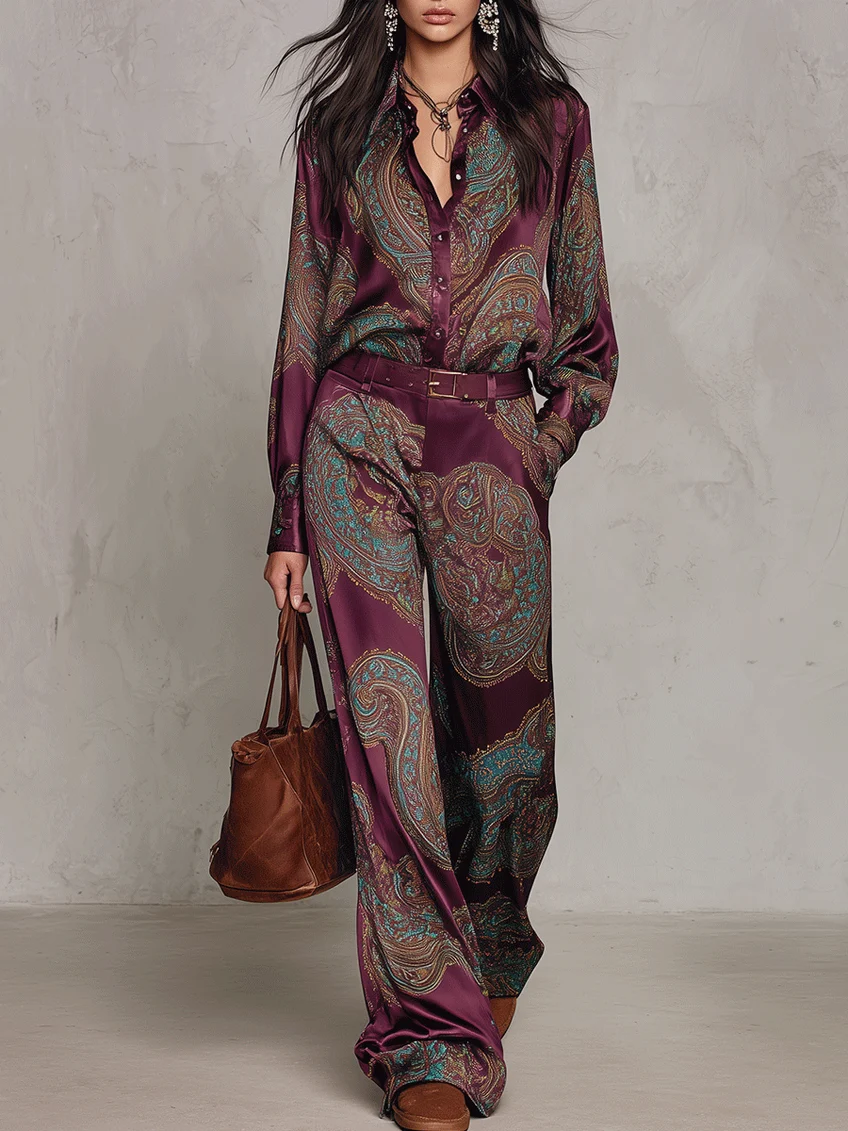 Cloe | Completo con camicia satinata stampata e pantaloni ampi