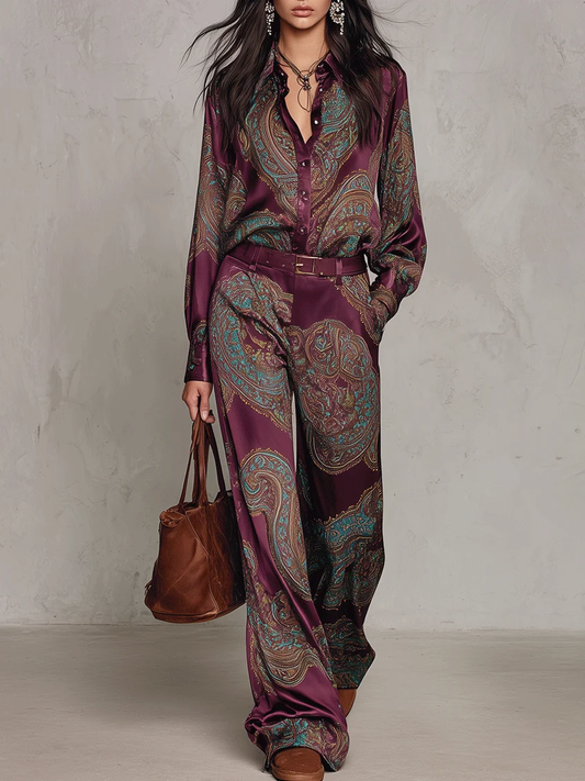 Cloe | Completo con camicia satinata stampata e pantaloni ampi