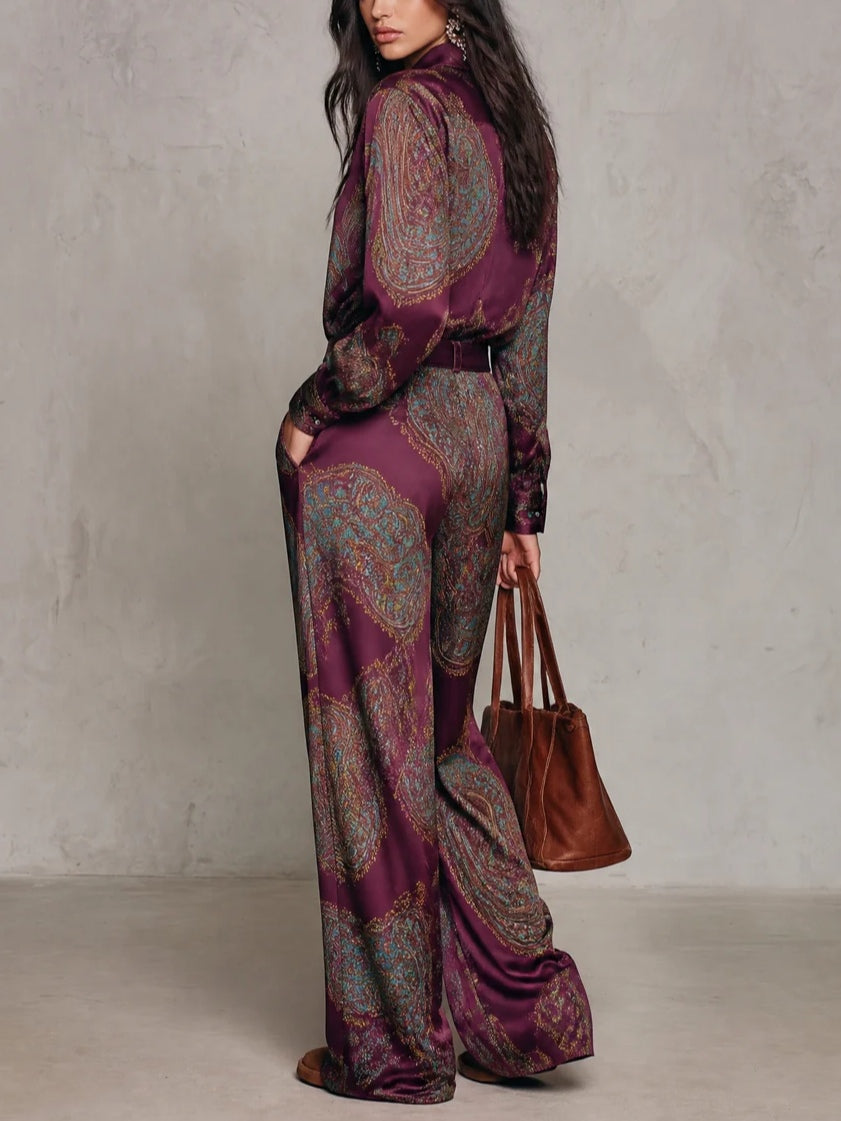 Cloe | Completo con camicia satinata stampata e pantaloni ampi