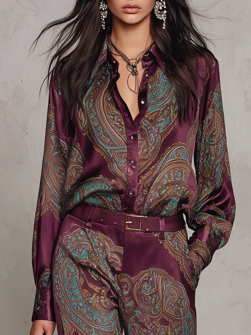 Cloe | Completo con camicia satinata stampata e pantaloni ampi